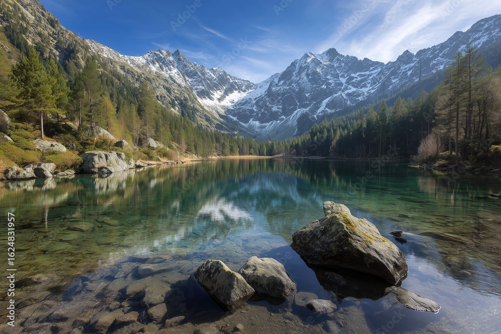 Naklejka premium Crystal Clear Mountain Lake with Snow-Capped Peaks and Pine Forests Reflecting on Calm Water