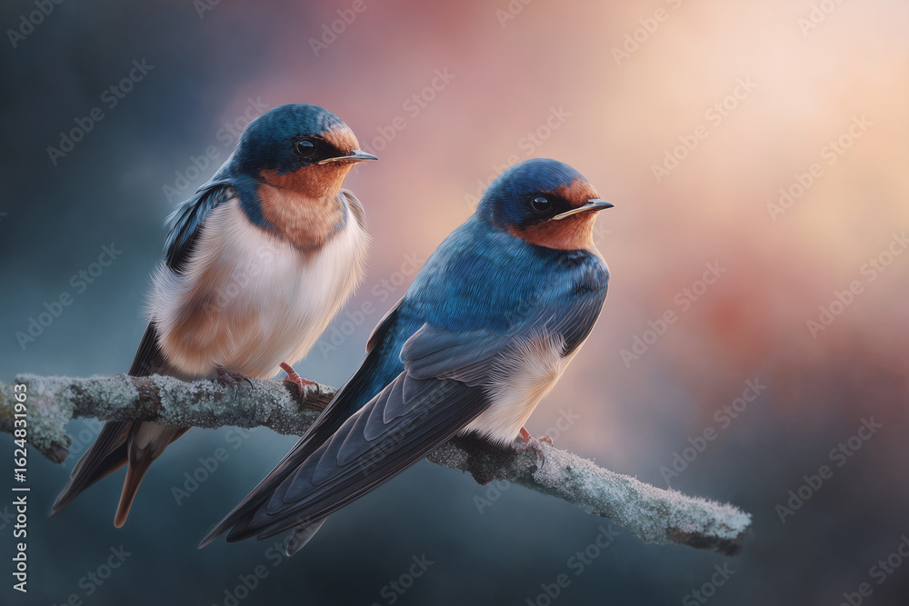 Fototapeta premium Two colorful barn swallows perched on a frost-covered branch with a soft, blurred background at sunrise