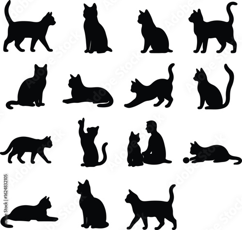 Cat and People Silhouettes Vector Set – Black Silhouettes of Cats in Various Poses Including Sitting, Standing, Playing, and Interacting with Humans – Pet and Animal Lover Theme with Elderly Couple, M