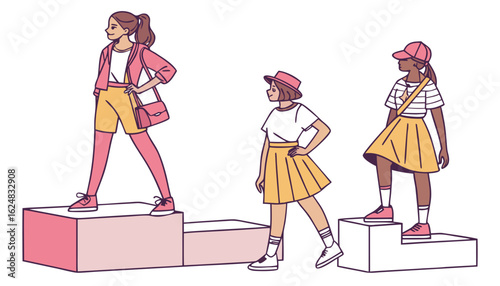 Models at fashion week concept. Women in trendy clothes and outfit. Young girls in garments and skirts at podium or pedestal. Fashion idustry and performance. Cartoon flat vector