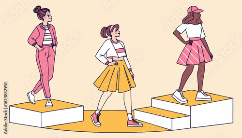 Models at fashion week concept. Women in trendy clothes and outfit. Young girls in garments and skirts at podium or pedestal. Fashion idustry and performance. Cartoon flat vector