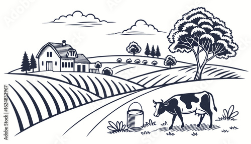 Rural landscape with cow and milk. Hand drawn village sketch with agriculture and domestic animals, pasture and house. Dairy products, harvest and countryside concept. Linear flat vector illustration
