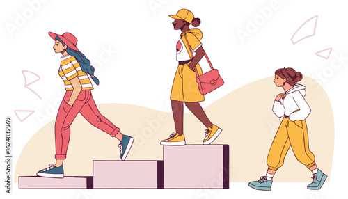 Models at fashion week concept. Women in trendy clothes and outfit. Young girls in garments and skirts at podium or pedestal. Fashion idustry and performance. Cartoon flat vector