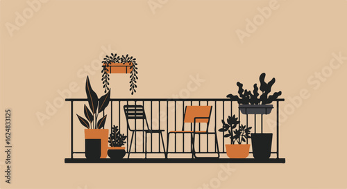 Two chairs among plants on a balcony, can illustrate a relaxing, homely scene