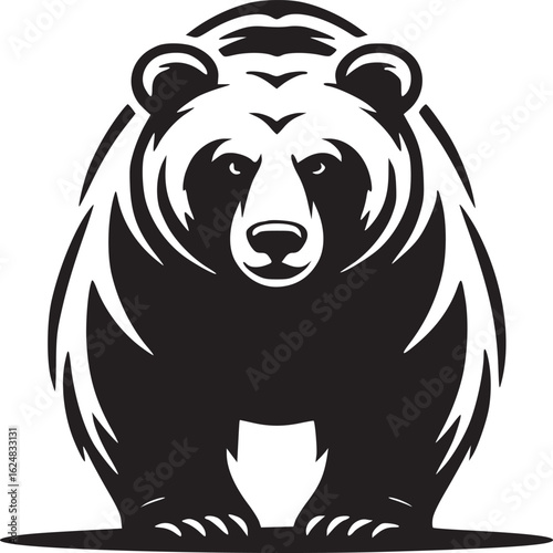 A bold black and white illustration of a standing bear with a strong and powerful presence on white