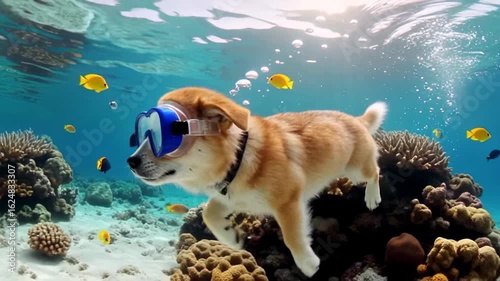 Dog in underwater world with scuba mask