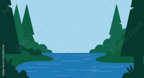River View Flat Design. Scene depicts tranquil river with trees. For web design