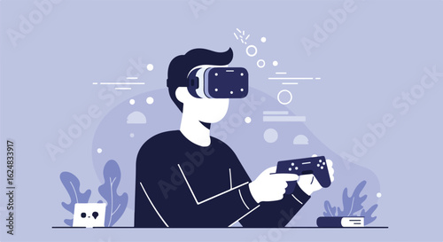 Man gaming in VR headset holding controller, abstract decorative background