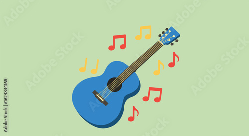 Blue Guitar with Music Notes Floating around it on Green Background for use in lessons