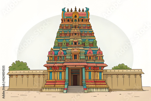 South Indian gopuram in  flat illustration generative ai
