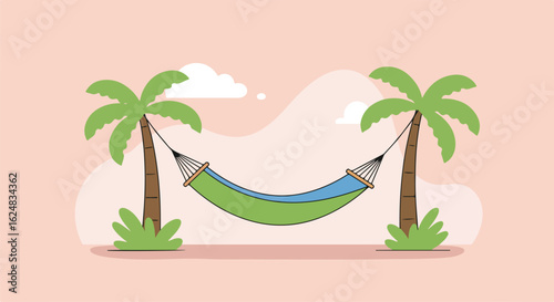Tropical Hammock Palm Trees, Relaxing Scene with Cloudscape Backdrop, Used for Vacation