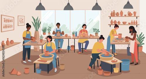 People throwing pottery on wheels in studio with shelves of finished pieces in background