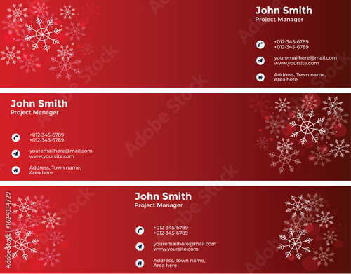 Festive red business card with snowflakes and contact details for john smith, project manager