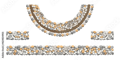 stone borders and a semi circular stone design with brown accents on a white background