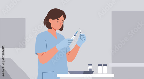 Nurse drawing up vaccine in hospital. Empty patient bed in background