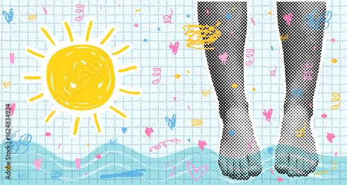Funny Summer Vector Collage with Legs Dipping in the Sea and Cute Doodle Sun For Sale Banners, Vacation Backgrounds, and Brochures