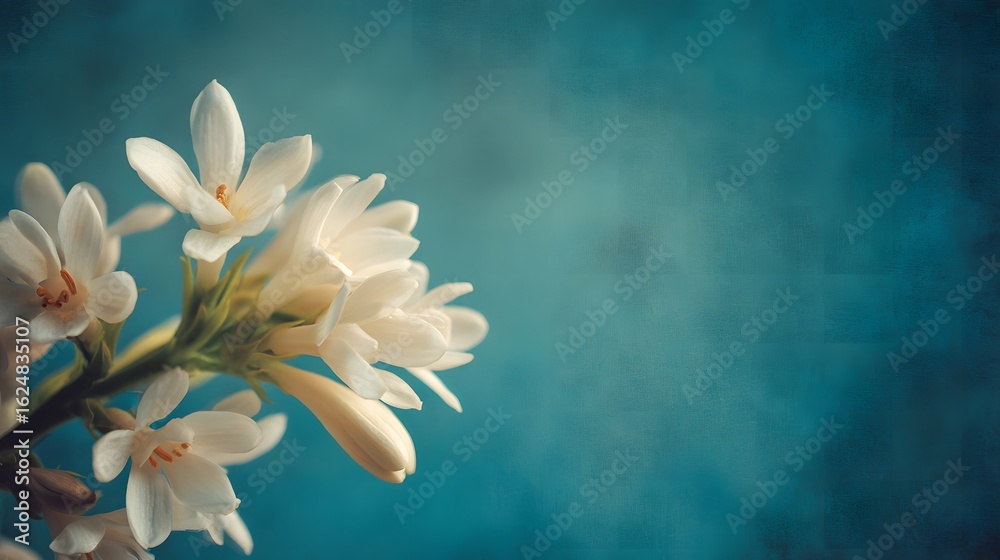 Fototapeta premium White Blossoms on a Textured Blue- Green Background white flowers textured background
