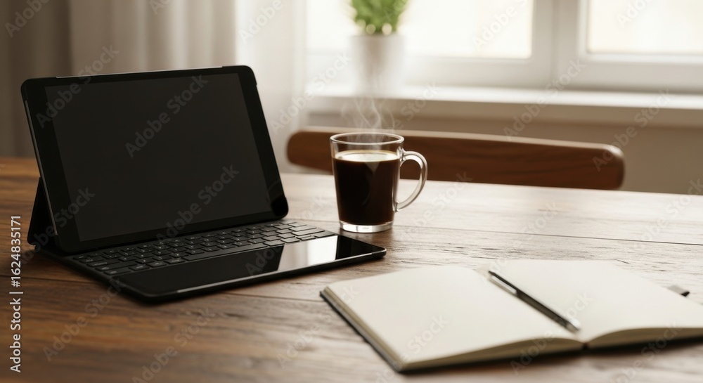 Fototapeta premium Modern Workspace with Laptop Coffee Mug and Notebook in Bright Natural Light