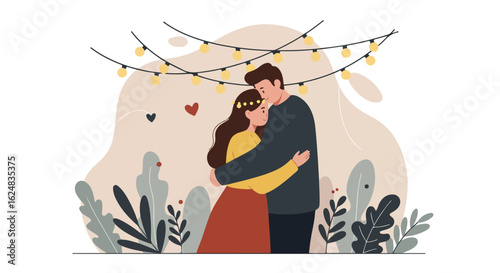 Romantic couple embracing under string lights, set against plants in the background
