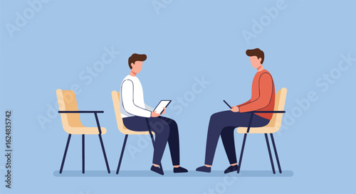 People Sitting, Discussing on Blue Backdrop, Empty Chair; Brainstorming, Interview