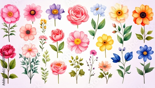 Spring Flowers, 3d icon set. Colorful delicate flower. Pink Cherry Blossom,