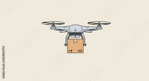 Delivery drone transports a box against plain backdrop for logistics, e-commerce