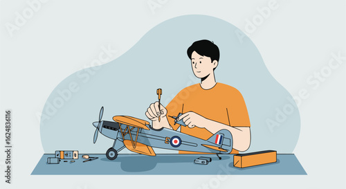 Hobbyist assembling model aircraft with tools on table, plain background, use for learning