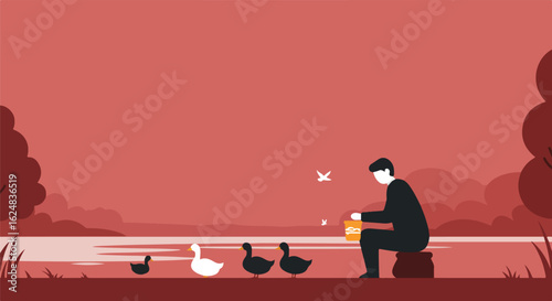 Man Feeding Ducks by the Lake. Birds Flying Over Water. Flat Vector Scene