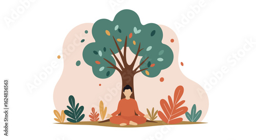 Person meditating under tree amidst foliage for wellness, relaxation illustration