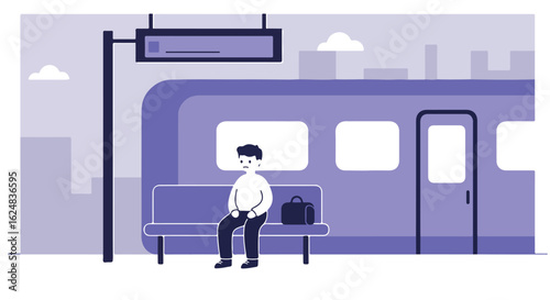 Man sitting, waiting at train platform, city buildings background. Graphic for web