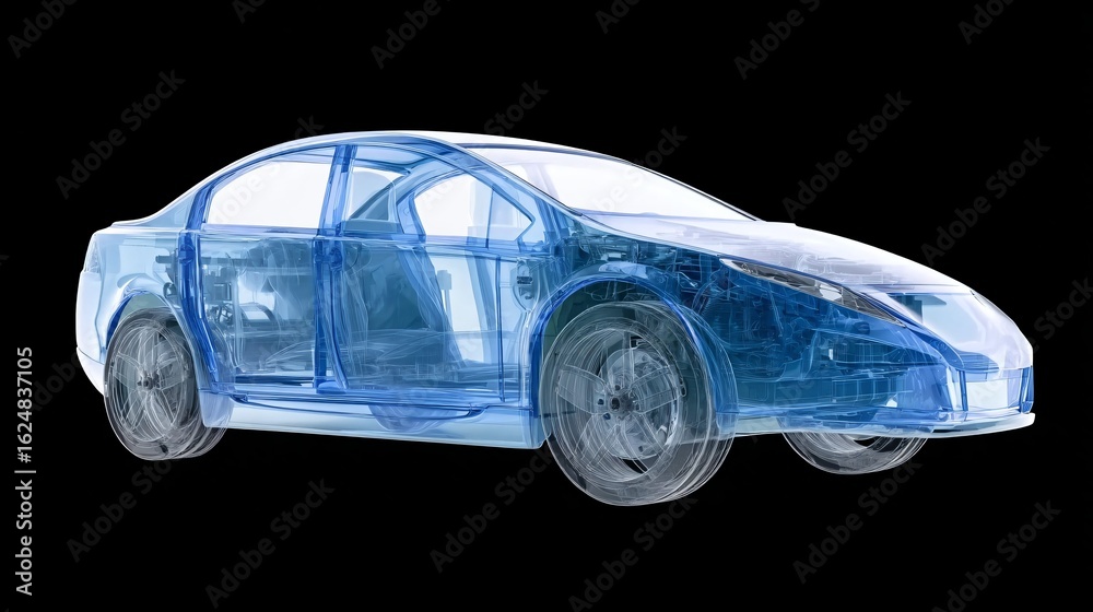 Fototapeta premium X-ray style transparent car model,soft lighting highlighting side profile,wide-angle shots from multiple angles on black background, precise contours of internal components,automotive visualization