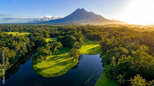 Breathtaking Aerial View of Arenal Volcano and Lush Rainforest Landscape in Costa Rica at Sunrise