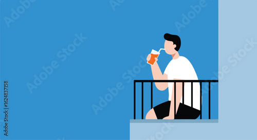 Man drinks juice with straw on blue balcony. Copy space for text or advertisement
