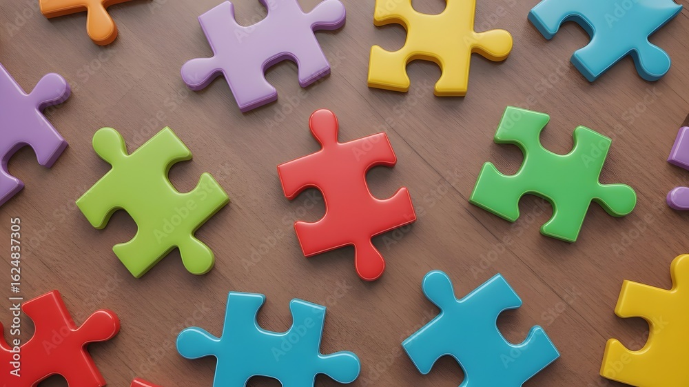 Obraz premium Scattered colorful puzzle pieces with unique shapes and interlocking tabs create a playful and engaging abstract pattern on a textured background