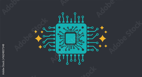Blue Microchip graphic with yellow sparkles, digital artwork for tech