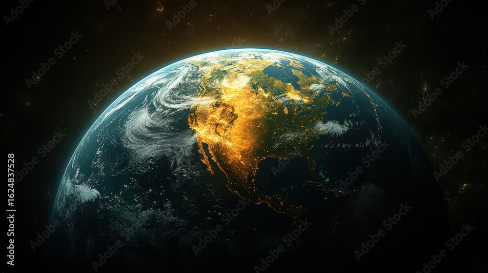 Fototapeta premium Earth from space, highlighting North America's lights