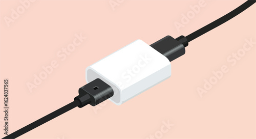 Black cable plugging into white adapter, with pink background, for power or data transfer
