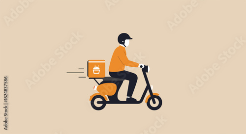 Delivery person riding scooter, fast service, cream background for application