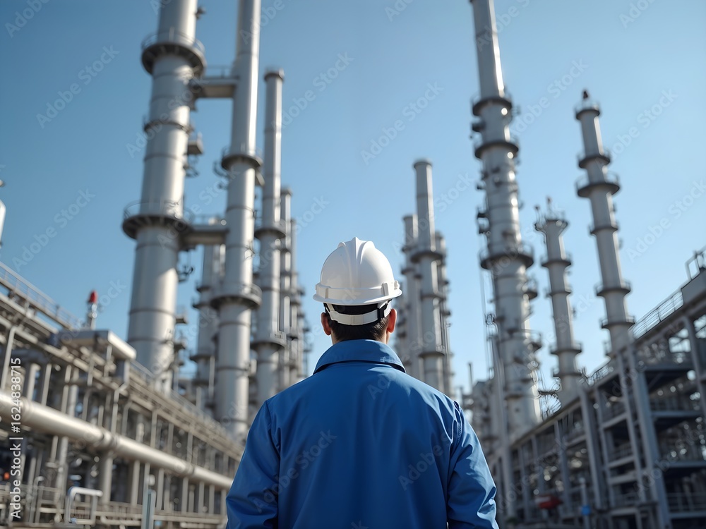 Fototapeta premium Engineer observes industrial facility with towering structures and clear blue sky in background during daytime