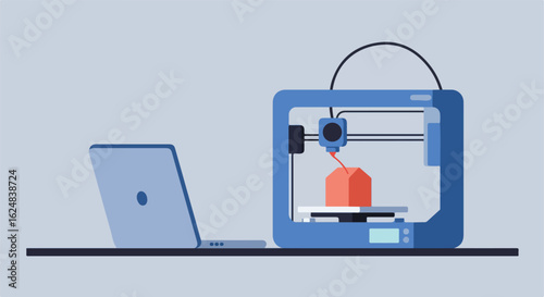 Desktop 3D Printer creating model. Laptop beside. Gray Background for web