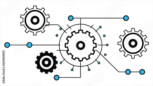 Abstract illustration of interconnected gears and blue dots representing a network or system symbolizing teamwork mechanics and technological processes