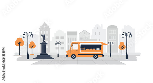 Food truck selling goods in a city center with buildings and park behind