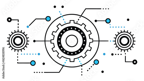 Abstract illustration of interconnected gears and circuitry representing mechanical engineering and technological innovation with a futuristic digital network