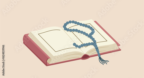 Illustration Opened book with prayer beads on top, on a plain background, religion