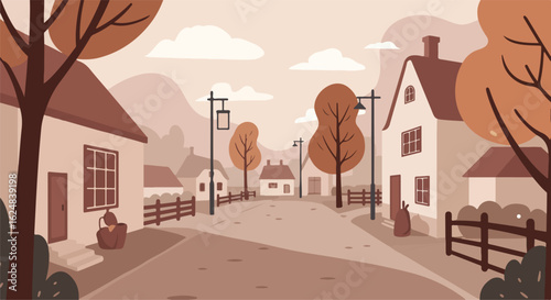 Town street scenery of fall in a village with trees and houses. Use Illustration