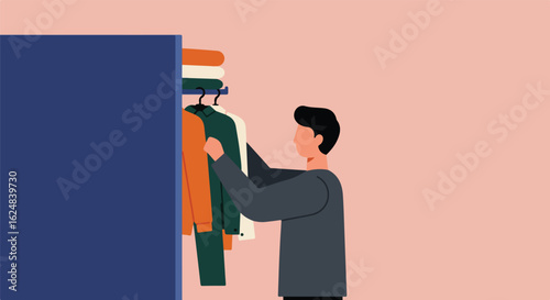 Man selects shirts from a full closet in a room with a peach-colored wall