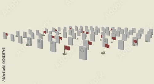 Grave site with red flags, symbolizes environmental challenges & consequences