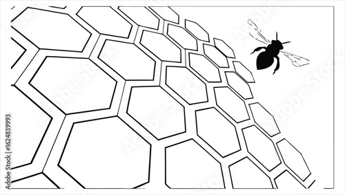 A stylized black and white illustration of a bee leaving a honeycomb structure composed of hexagonal cells symbolizing nature, insects, and apiary work