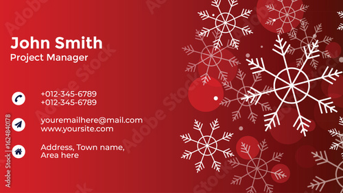 Festive christmas business card design with snowflakes and contact details on a red background