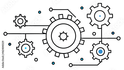 Conceptual illustration of interconnected gears and circuits representing a complex system or mechanism with a modern, minimalist, hand-drawn aesthetic and a touch of digital technology